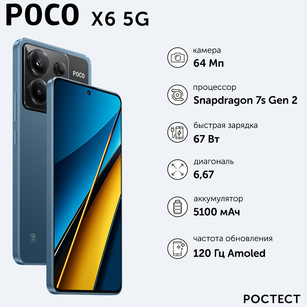Смартфон POCO X6 RU 5G 8+256 N16P/Blue/6.67" AMOLED/2712x1220/120Hz/SD7s Gen2/And13/64+8+2MP/16MP/microSD/5000mAh
