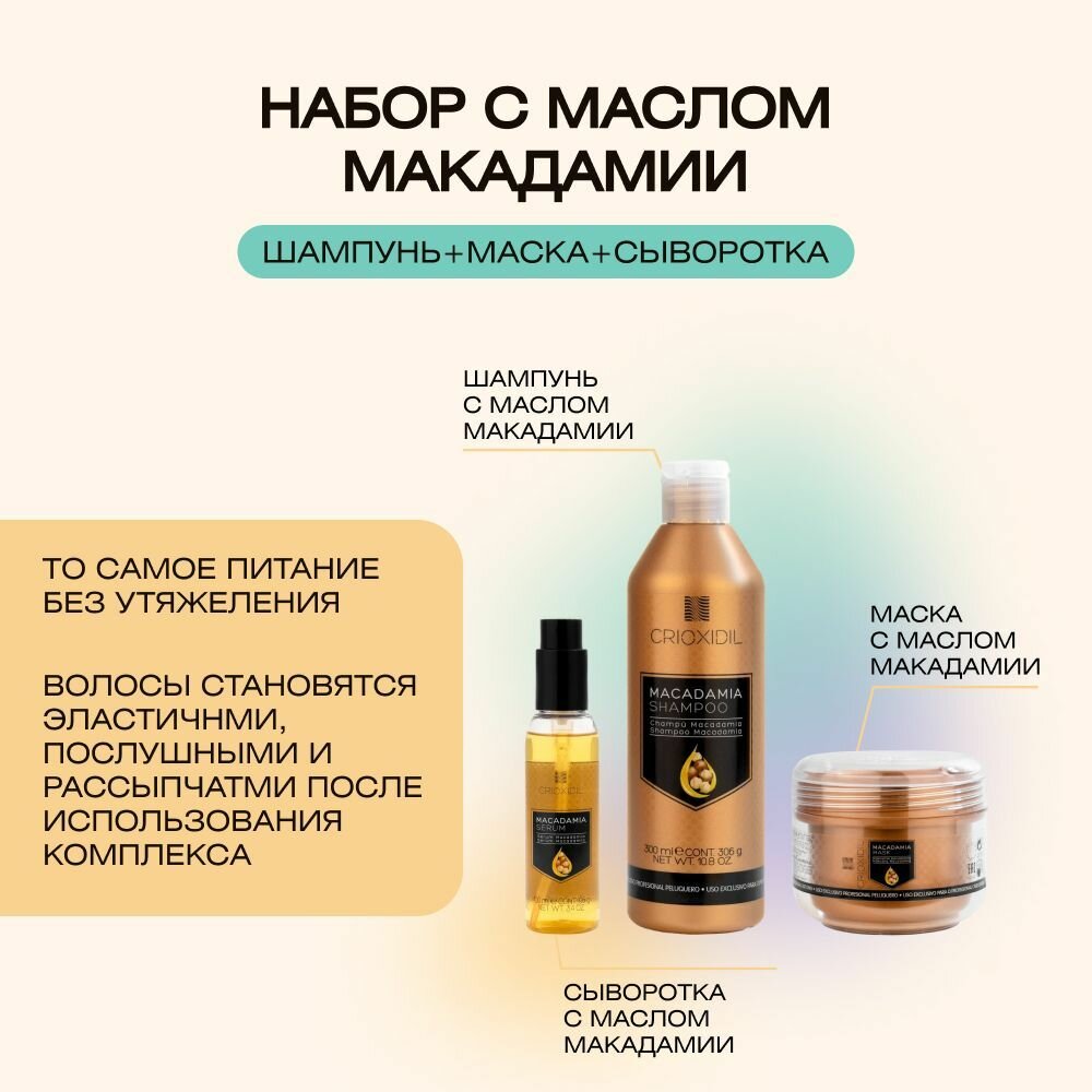 Профессиональный подарочный набор для ухода за волосами с маслом макадамии с шампунем, сывороткой и маской , 300-200-100 мл