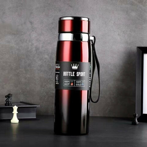 Термос 1 литр, для горячих и холодных напитков, с ремешком, с ситечком, красный цвет