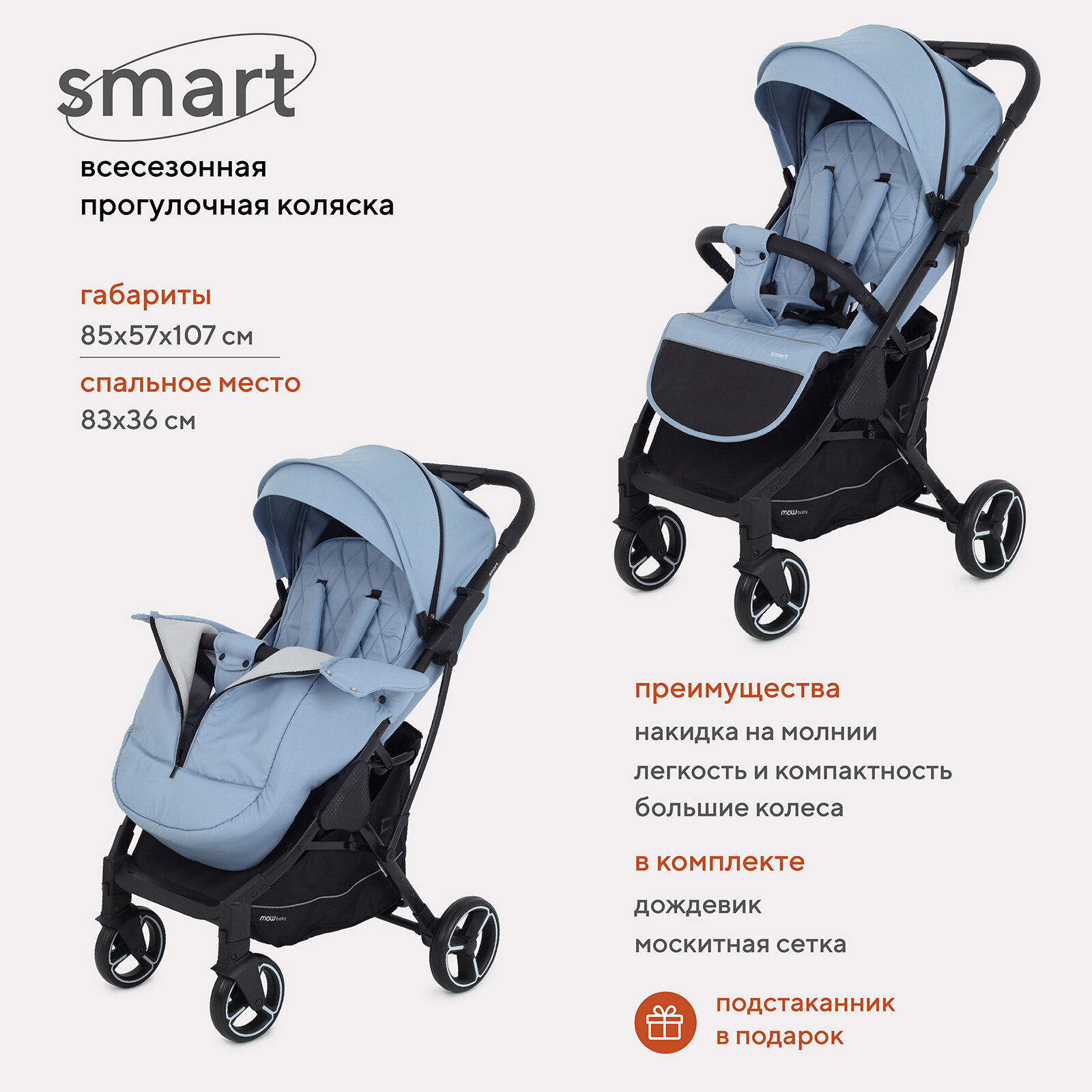 Коляска прогулочная всесезонная MowBaby Smart MB101, Blue 2023