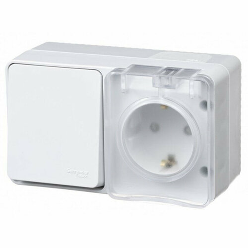 Блок выключатель 1-клавишный и розетка сз сш Atlas Design Profi54 горизонтальный белый 2860₽