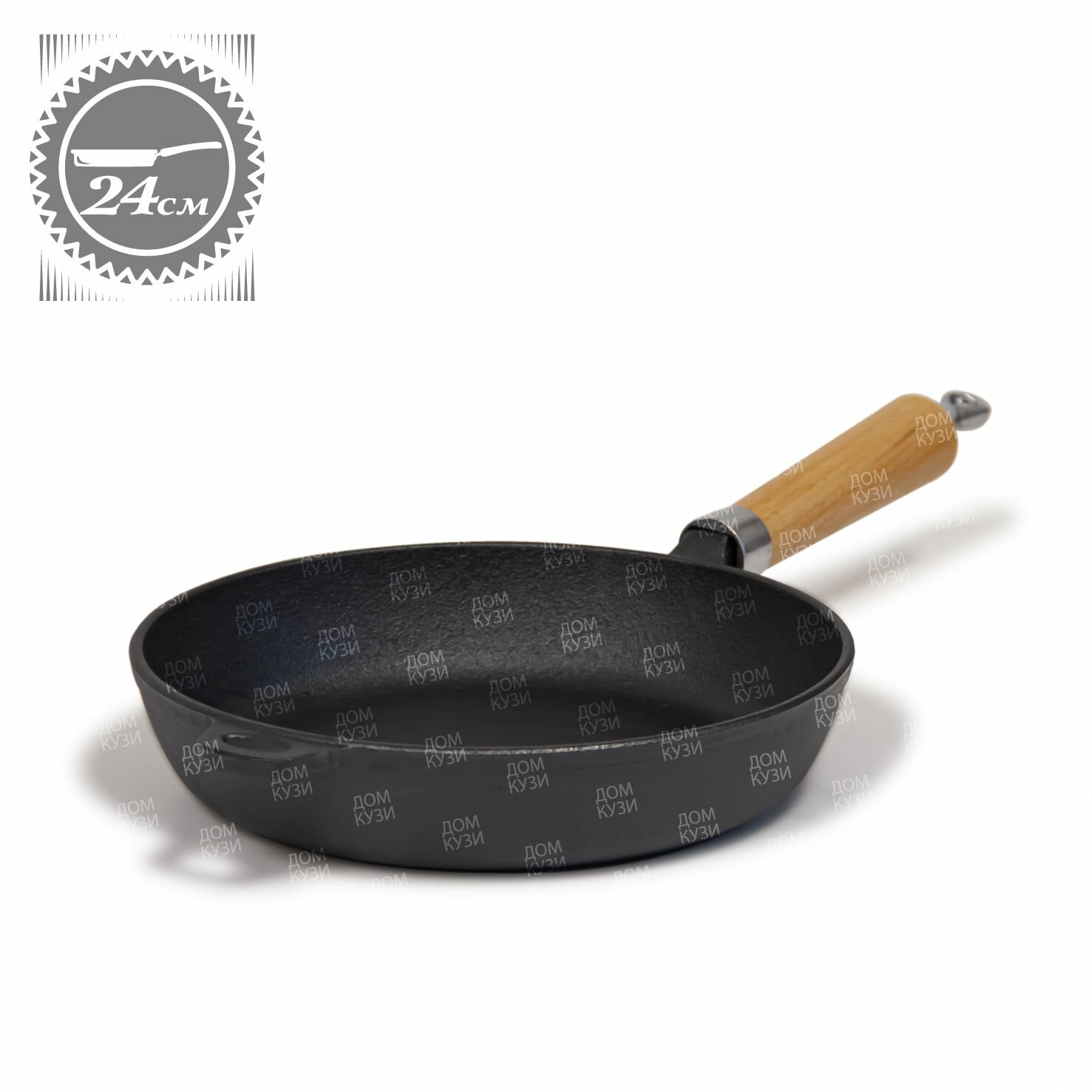Сковорода чугунная 24 см с антипригарным покрытием и деревянной съемной ручкой, Мерали