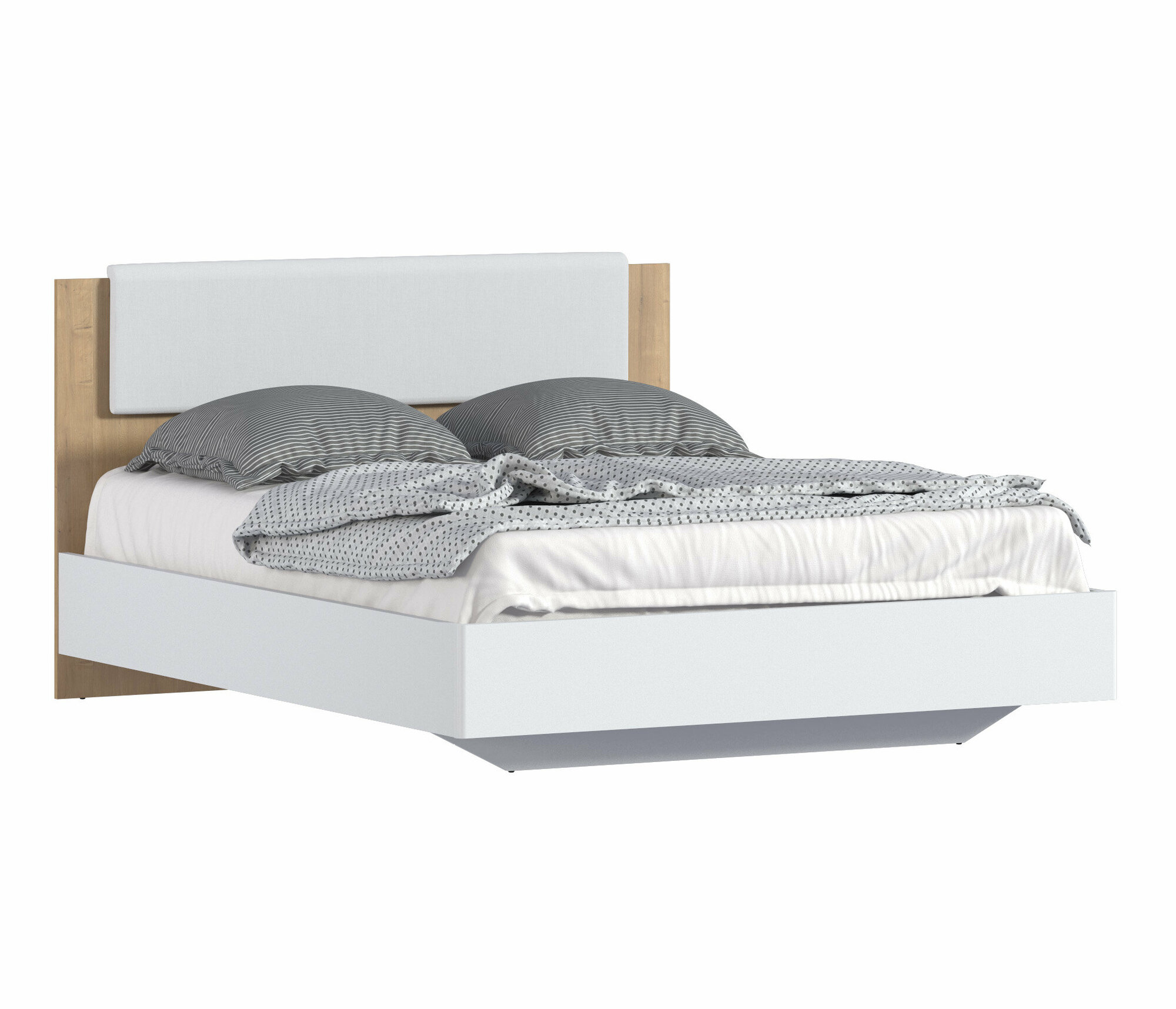 Двуспальная кровать столплит Мальта СБ-3270 с основанием, без матраса, с мягким изголовьем, спальное место 160х200см, Белый/Дуб Гамильтон 208х103х166см