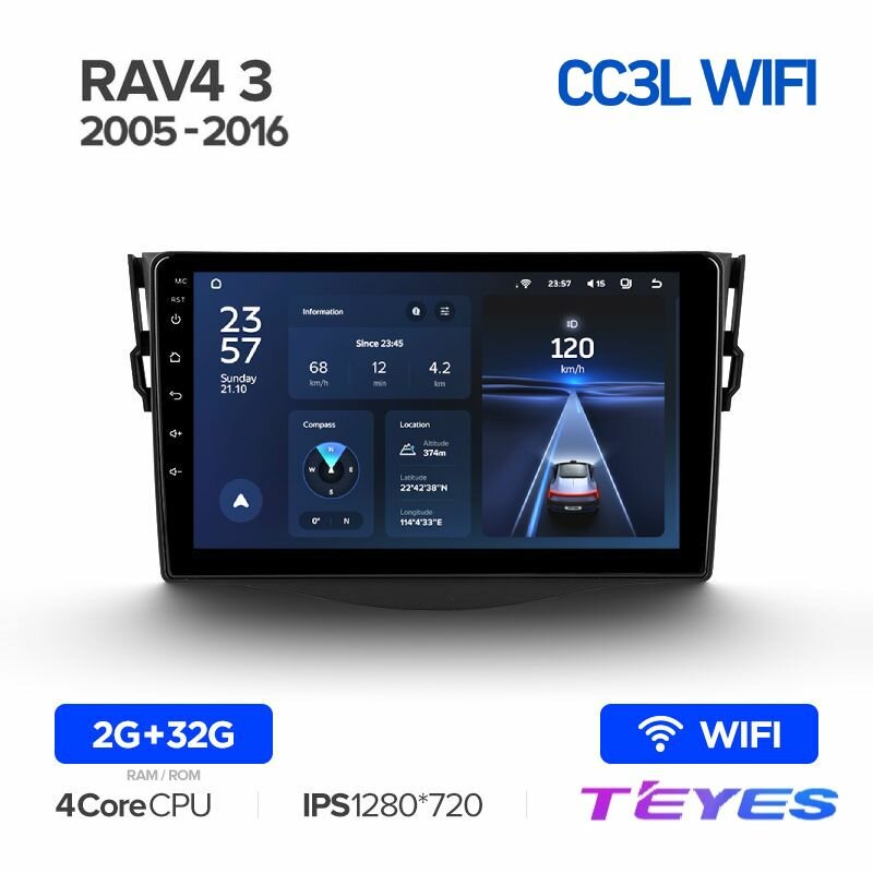 Магнитола Toyota RAV4 3 XA30 2005-2016 (Комплектация F1) Teyes CC3L Wi-Fi 2/32GB, штатная магнитола, 4-ёх ядерный процессор, IPS экран, Wi-Fi, 2 DIN