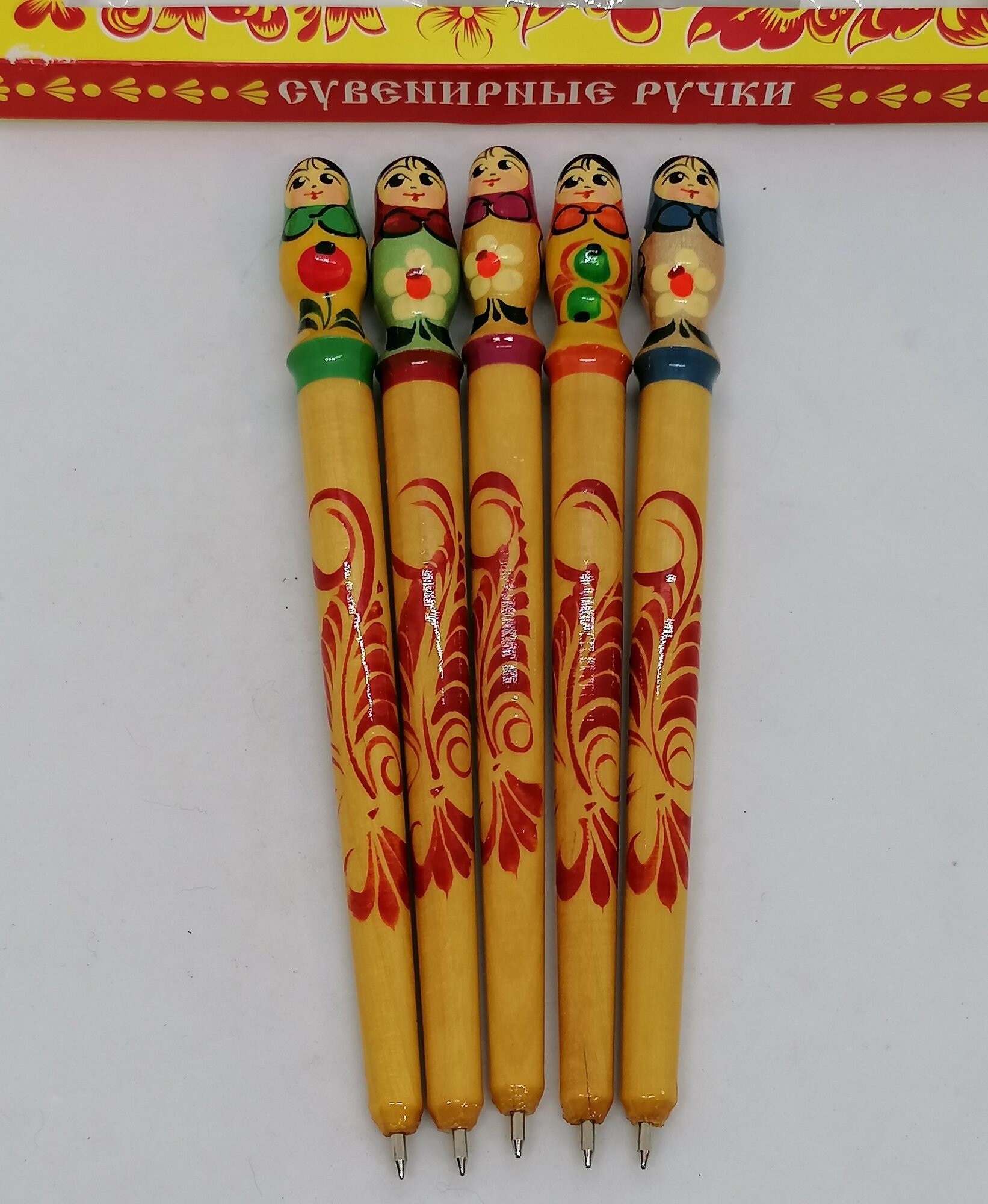 Набор расписных ручек-матрешек, 5 штук, в подарочной упаковке. — фото 1