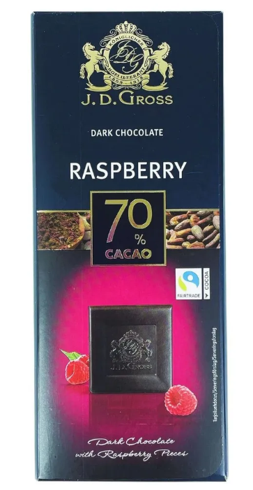Темный шоколад J. D. Gross Малина 70% какао, 250 гр, Германия