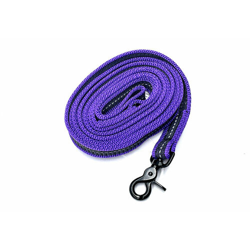 Поводок из прорезиненной стропы с латексом и светоотражающей полосой фиолетовый 20 мм карабин рычажный черный 5 м