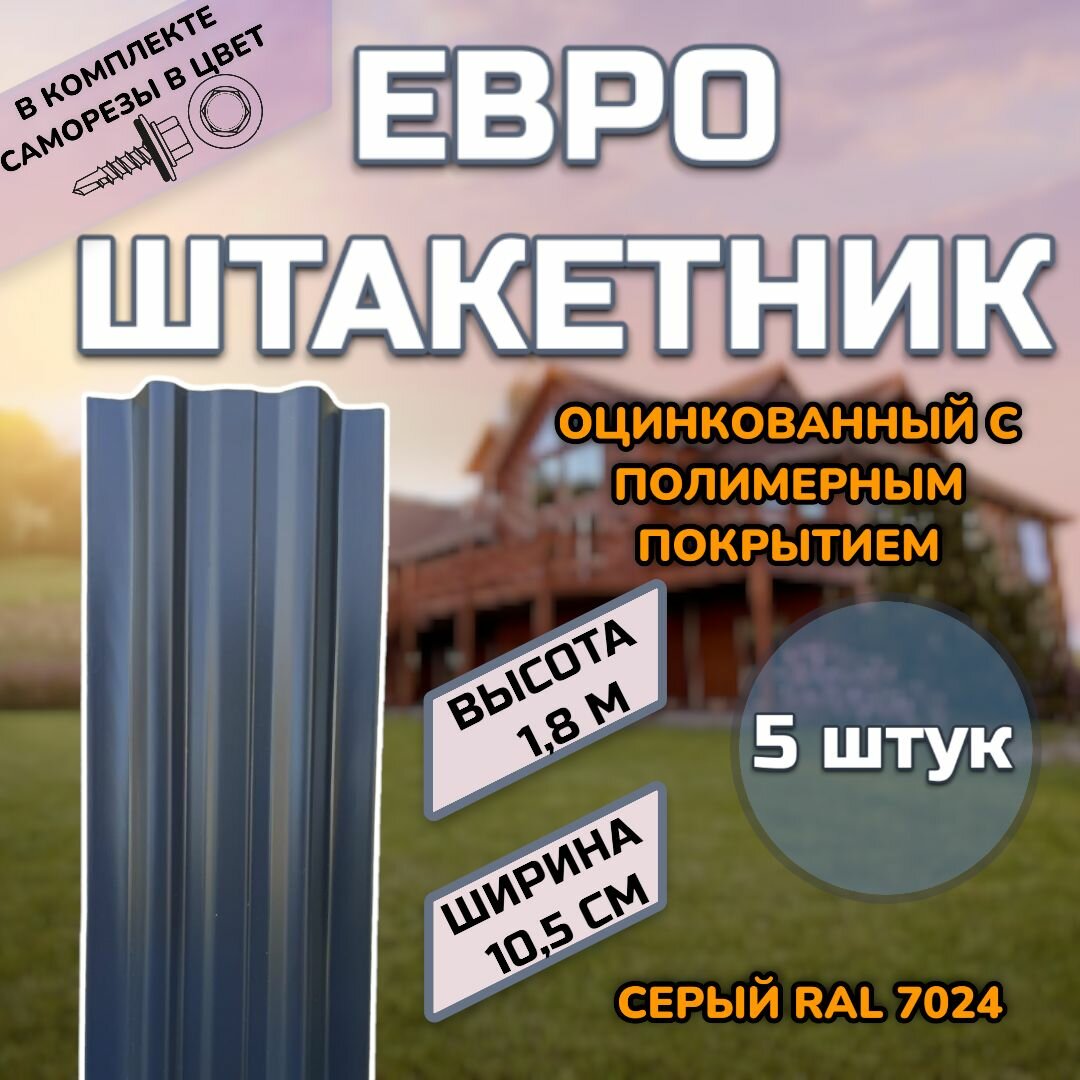 фото Штакетник металлический (штакет, евроштакет) 10 штук. Односторонний окрас, цвет RAL 7024 Серый, высота 1.25м, ширина планки 105мм)Забор