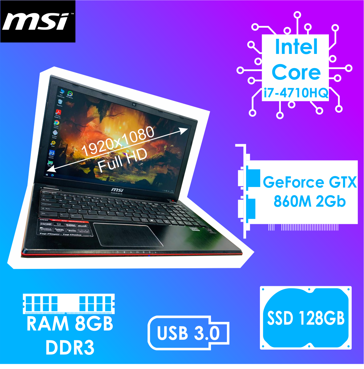 15.6" Игровой ноутбук MSI / Intel Core I7-4710HQ / RAM 8 GB DDR3 / GeForce GTX 860M 2GB / 120 GB SSD.