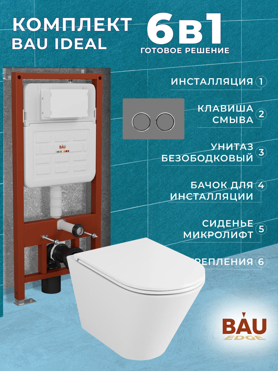 Комплект BAU 6 в 1: усиленная инсталляция BAU IDEAL, унитаз подвесной безободковый торнадо обратного потока Bau Nimb Hurricane2, сиденье дюропласт микролифт, клавиша BAU Round Gun gray, серый металлик