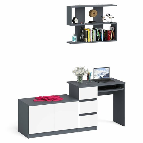 Тумба с дверками СВК Мори МА900 с компьютерным столом МС-6 левым и полкой графит/белый