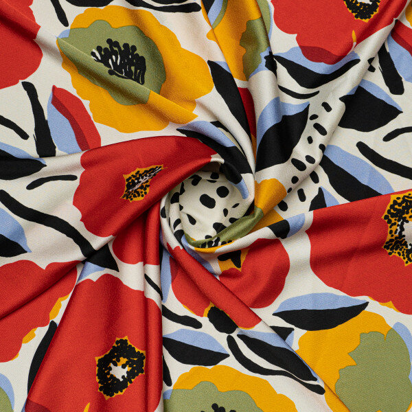 Твилл "Ткани-100", 100% полиэстер, 3% эластан, молочный/красный, плотность 130г/м2