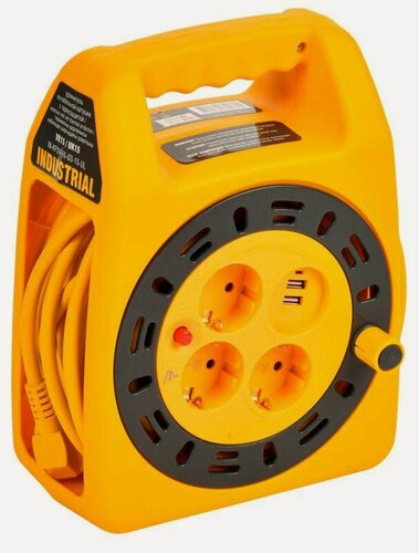 Изображение товара Удлинитель на катушке 3х15м с заземл. Industrial УК15 2P+PE 3х1.5кв. мм USBх2 LED термозащита IEK IN-KP24-16-03-15-UL
