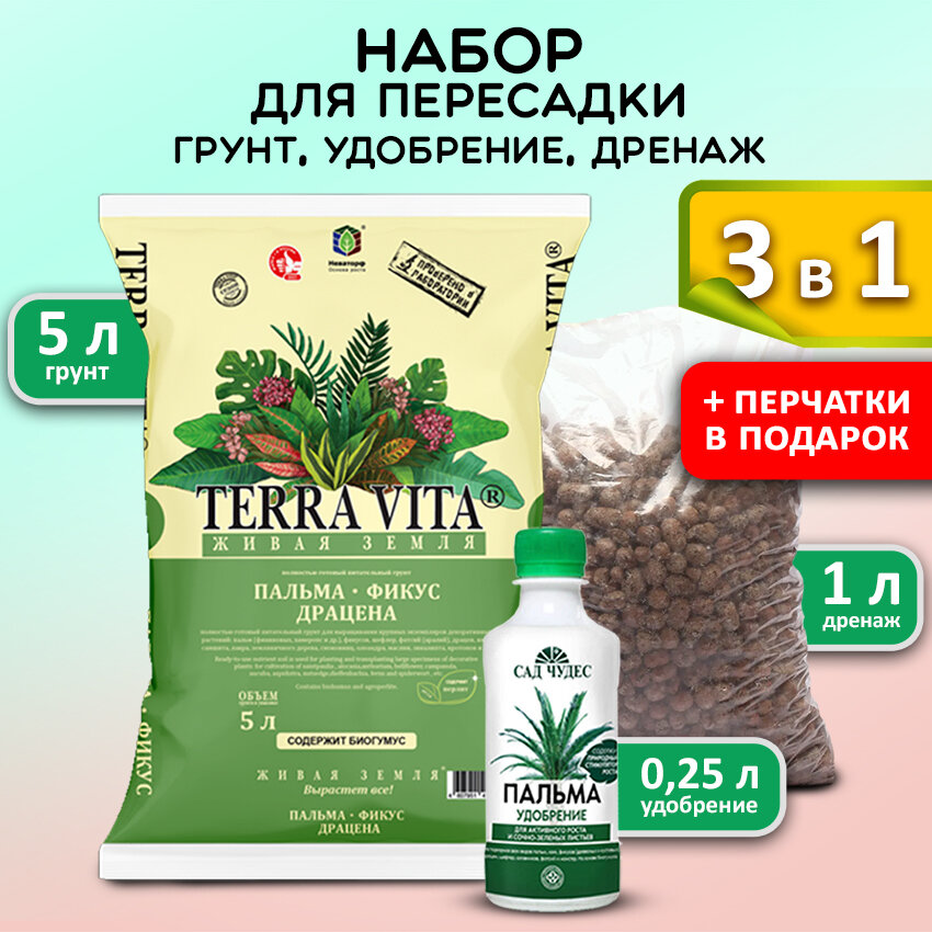 Terra Vita Набор для для Пальмы Фикуса и Драцены почвогрунт 5л удобрение органическое 330 мл дренаж 1л