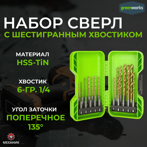 Набор сверл HSS-TiN 15-80 мм с шестигранным хвостовиком в кейсе Greenworks Арт 2943907 22 шт 2300₽