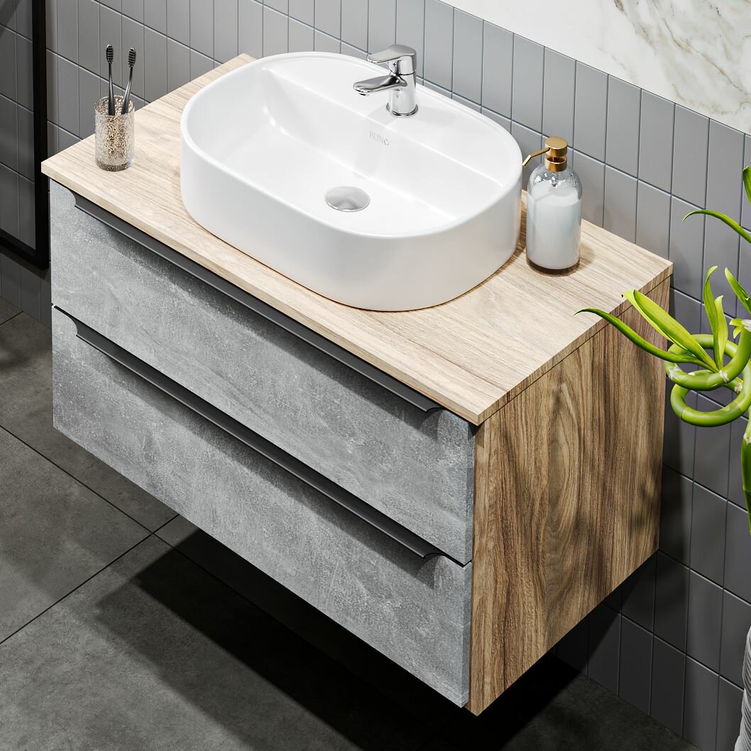 фото Тумба с раковиной подвесная Мальта 70, серый дуб (раковина Nuovo, смеситель)