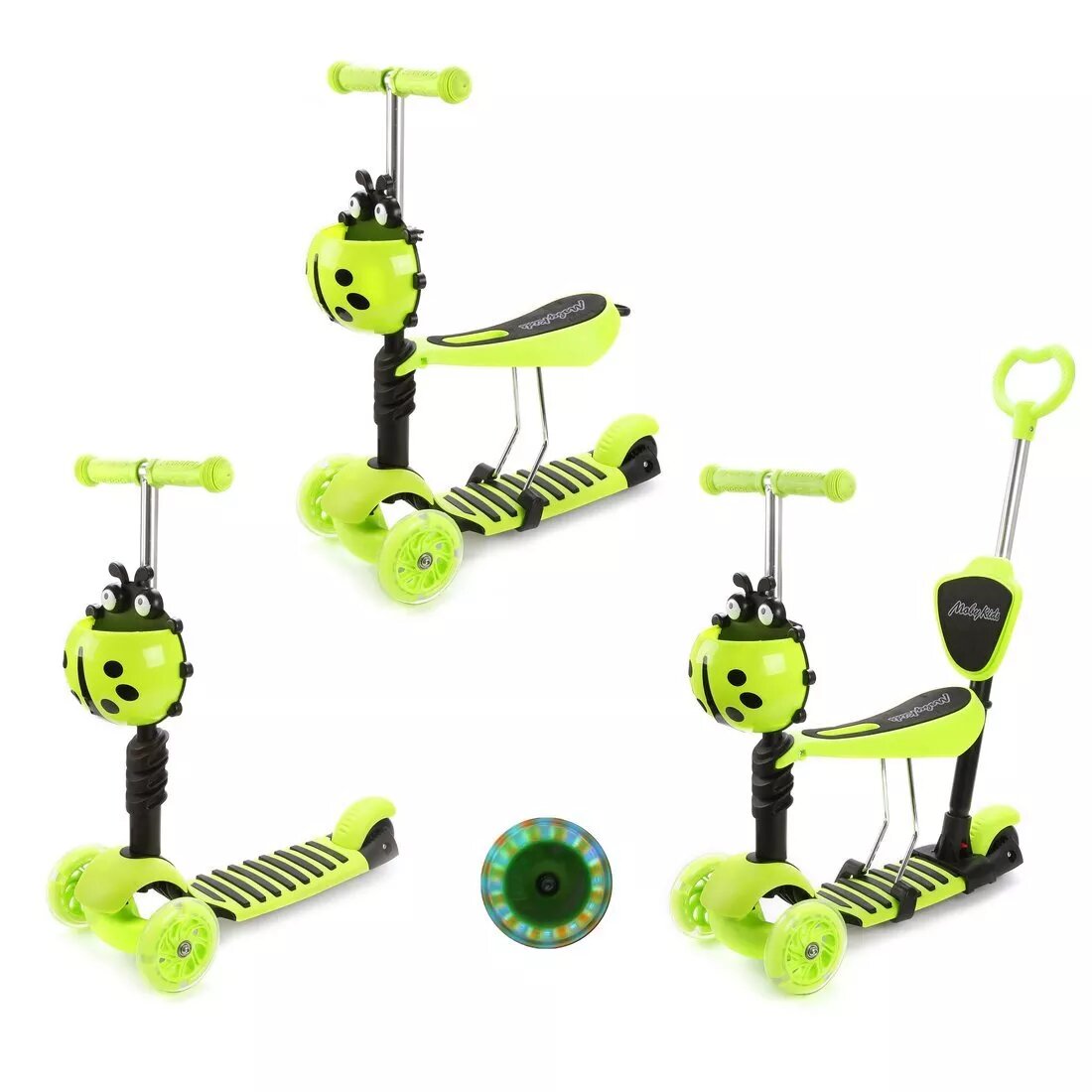 Самокат Moby Kids Божья коровка 3 в 1, свет. кол, зеленый