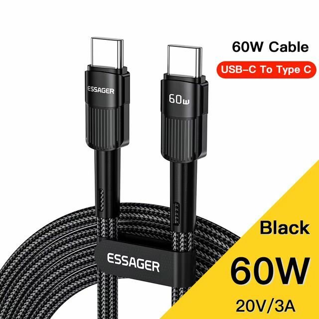 Длинный провод зарядки Essager 60w Type-C. Для быстрой зарядки Ноутбука, Macbook, Samsung, Xiaomi, Huawei, iPhone 16 Pro 2 метра