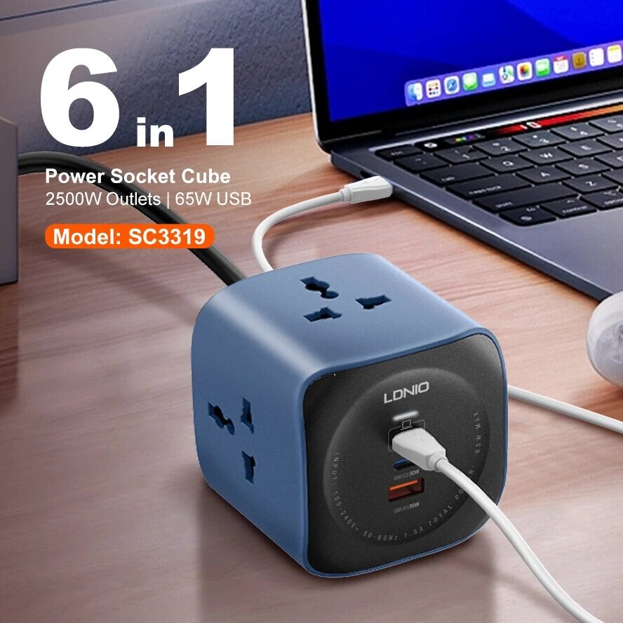 Сетевой фильтр удлинитель 6 в 1 LDNIO SC3319 с 3 универсальными розетками и 3 портами USB-C1-65W, USB-C2-30W, USB-A1-30W, Длина шнура 2 метра