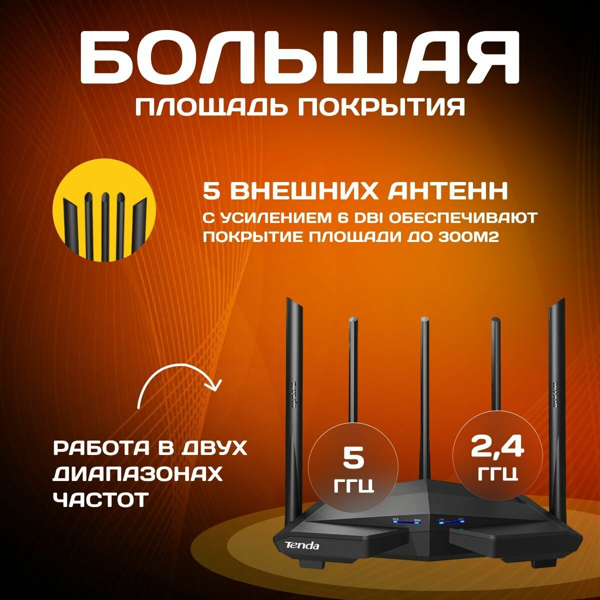 Tenda Wi-Fi 5 Роутер AC11, Гигабитный, интернет до 1000 мбит/с, двухдиапазонный,2.4/5 ГГц, режим роутер/ретранслятор,4xRJ45, AC1200 — фото 1
