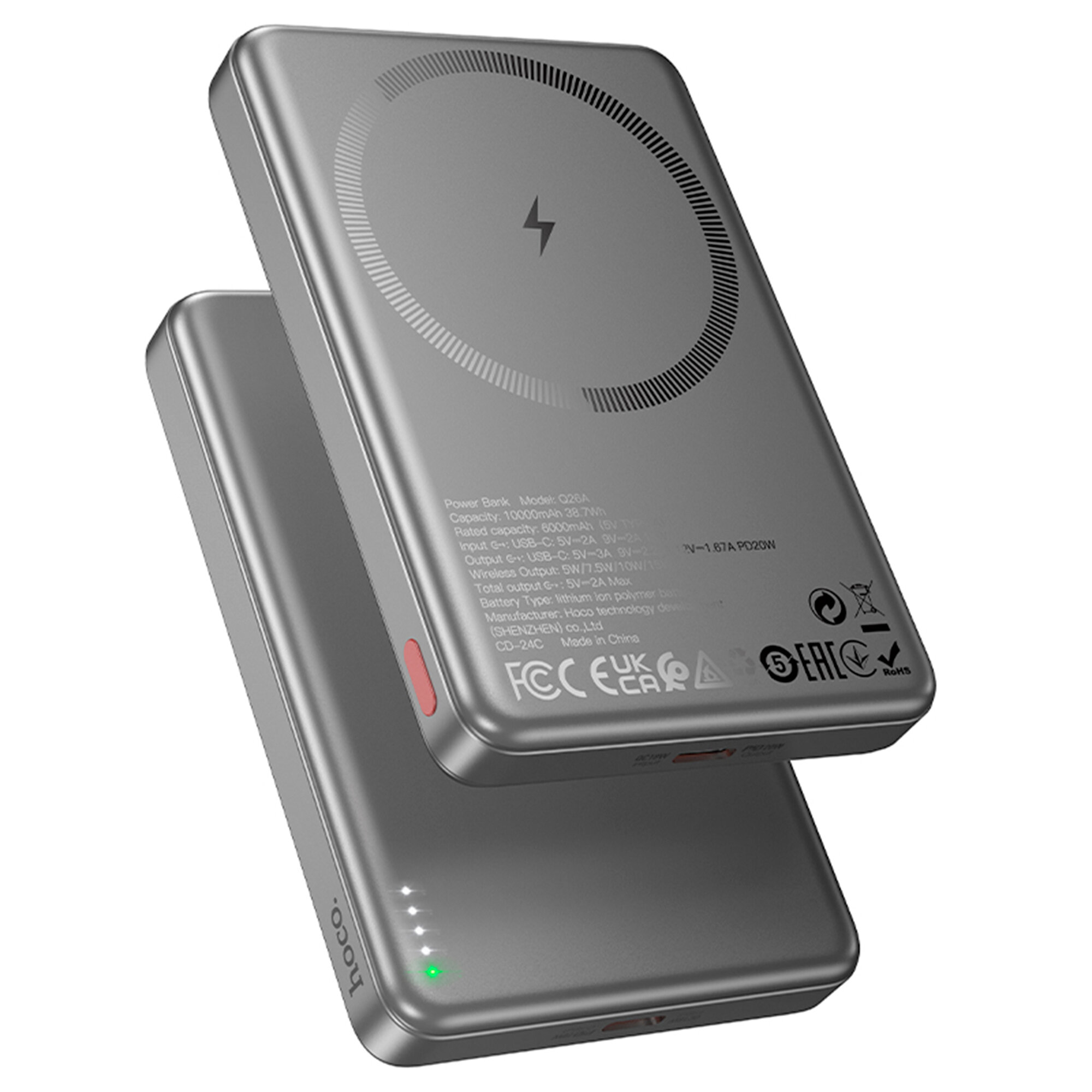Универсальный Доп. Аккумулятор 10000mAh, Q26A, HOCO, 1 PD 20W, беспроводная зарядка (MagSafe), металлический серый