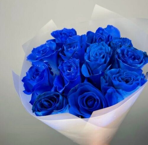 Изображение товара Букет живых цветов, cиние розы NURA FLOWERS, матовая упаковка, 11 роз, высота 50 см на стеблях