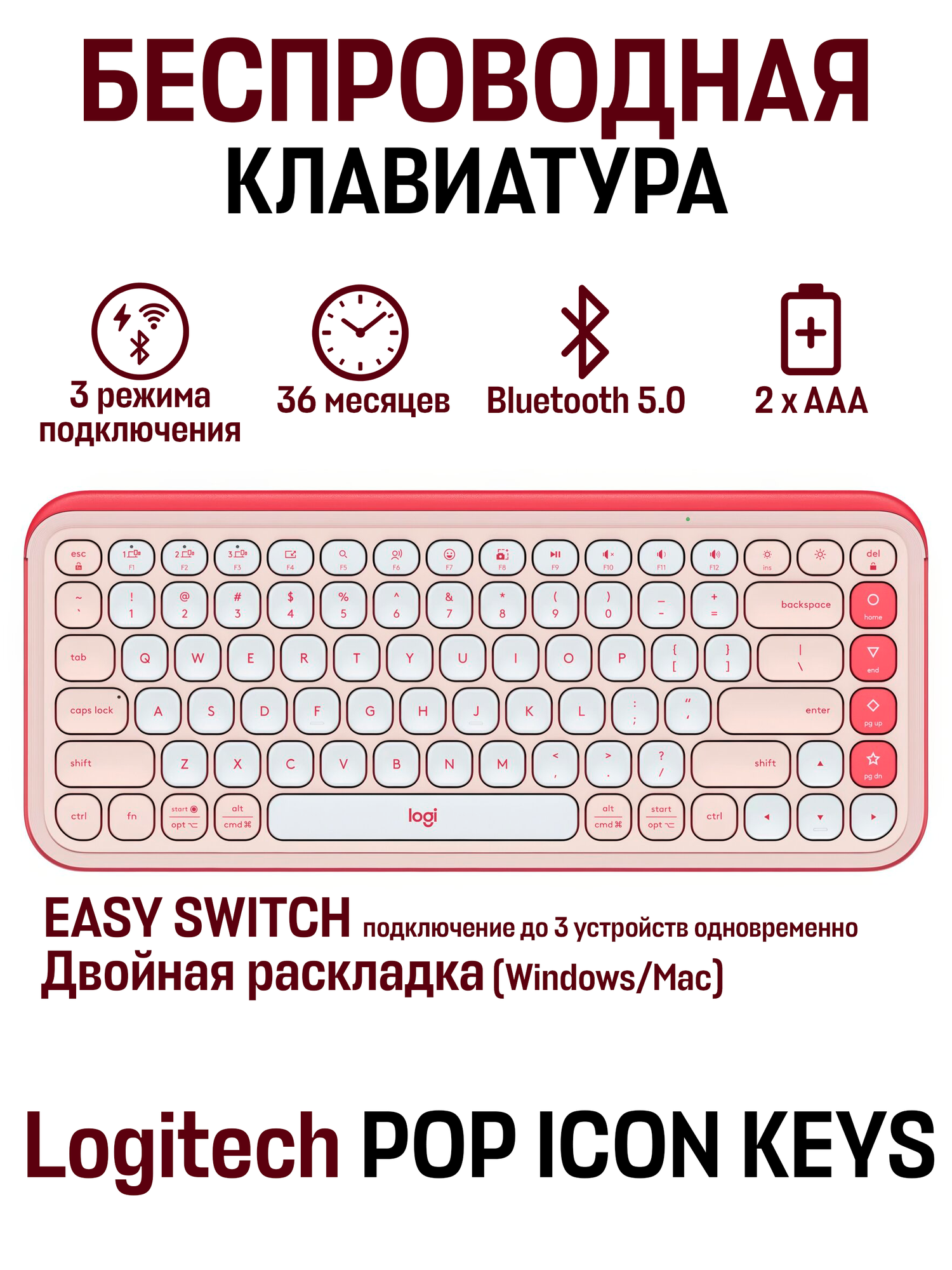 Компактная беспроводная клавиатура Logitech POP ICON KEYS белый, розовый, английский