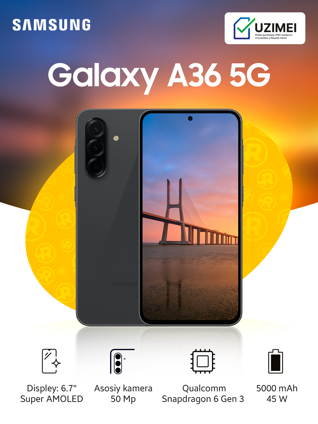 Смартфон Samsung Galaxy A36 8/128GB 5G Black (Черный) Android 15