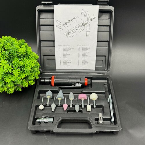 Изображение товара Бормашинка пневматическая прямая с набором камней 16 предметов, шлифовальный гравер