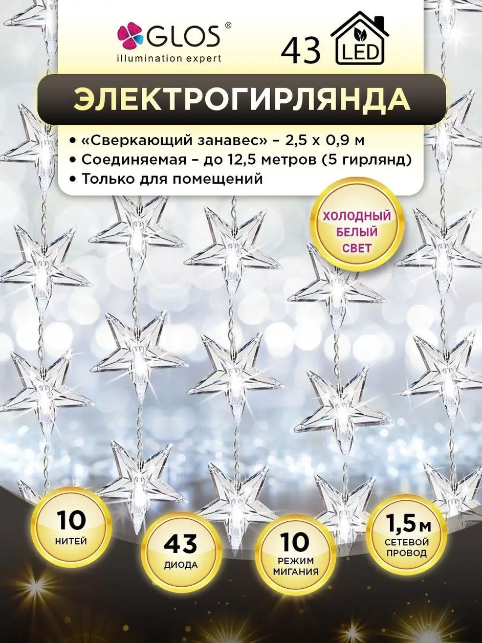 Электрогирлянда GLOS бахрома Сверкающий занавес GLR7006-W, 0.1 х 0.9 х 2.5 м, 2.5 х 0.9 м, 43 ламп, холодный белый/прозрачный провод