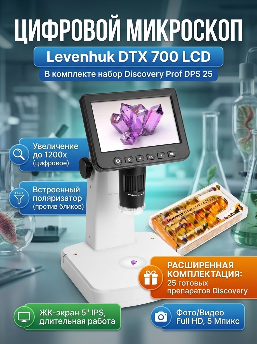 Микроскоп цифровой Levenhuk DTX 700 LCD в комплекте с набором микропрепаратов Levenhuk Discovery Prof DPS 25. Биология, Птицы и др.