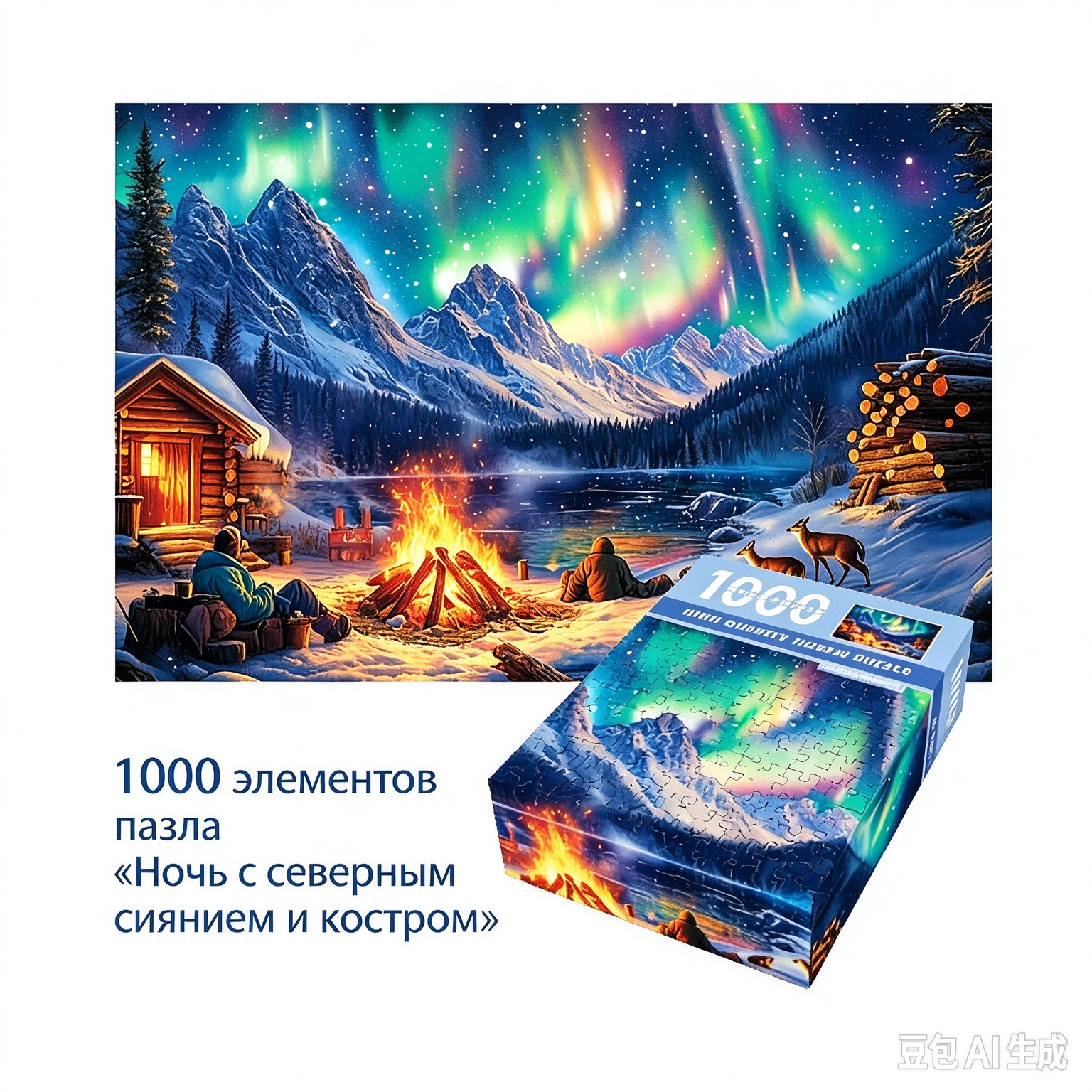 Пазл 1000 элементов Ночь с северным сиянием и костром, картина пазл для взрослых, подарок