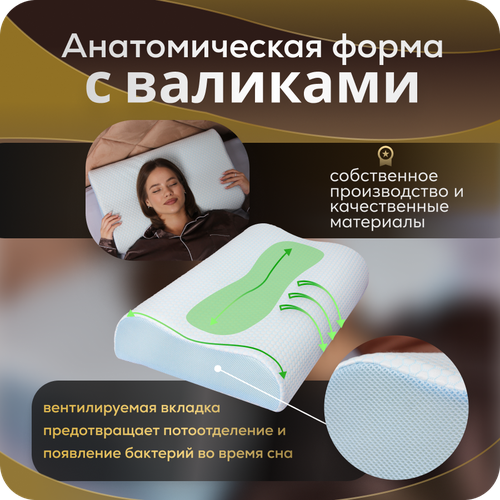Подушка ортопедическая анатомическая для сна Memory Foam с эффектом памяти средней жесткости 60х40 валики 12 и 10 см с охлаждающим эффектом