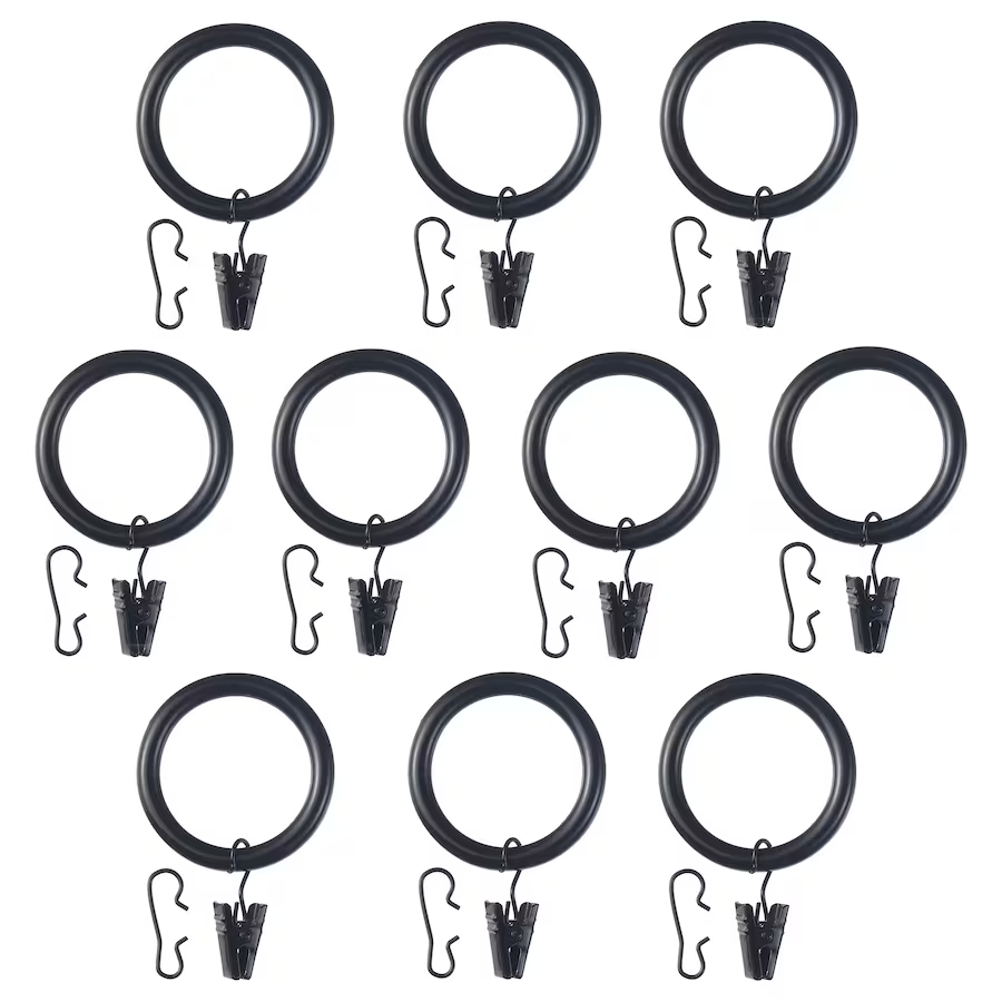 Гардин кольцо с зажимом и крючком IKEA SYRLIG, 38 мм, черный. 10 шт. Икеа Сирлиг.