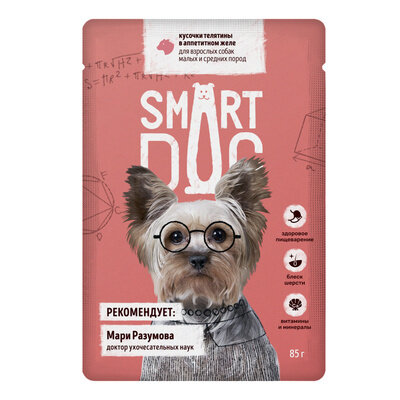 Smart Dog паучи Паучи для взрослых собак малых и средних пород кусочки телятины в аппетитном желе, 0,085 кг