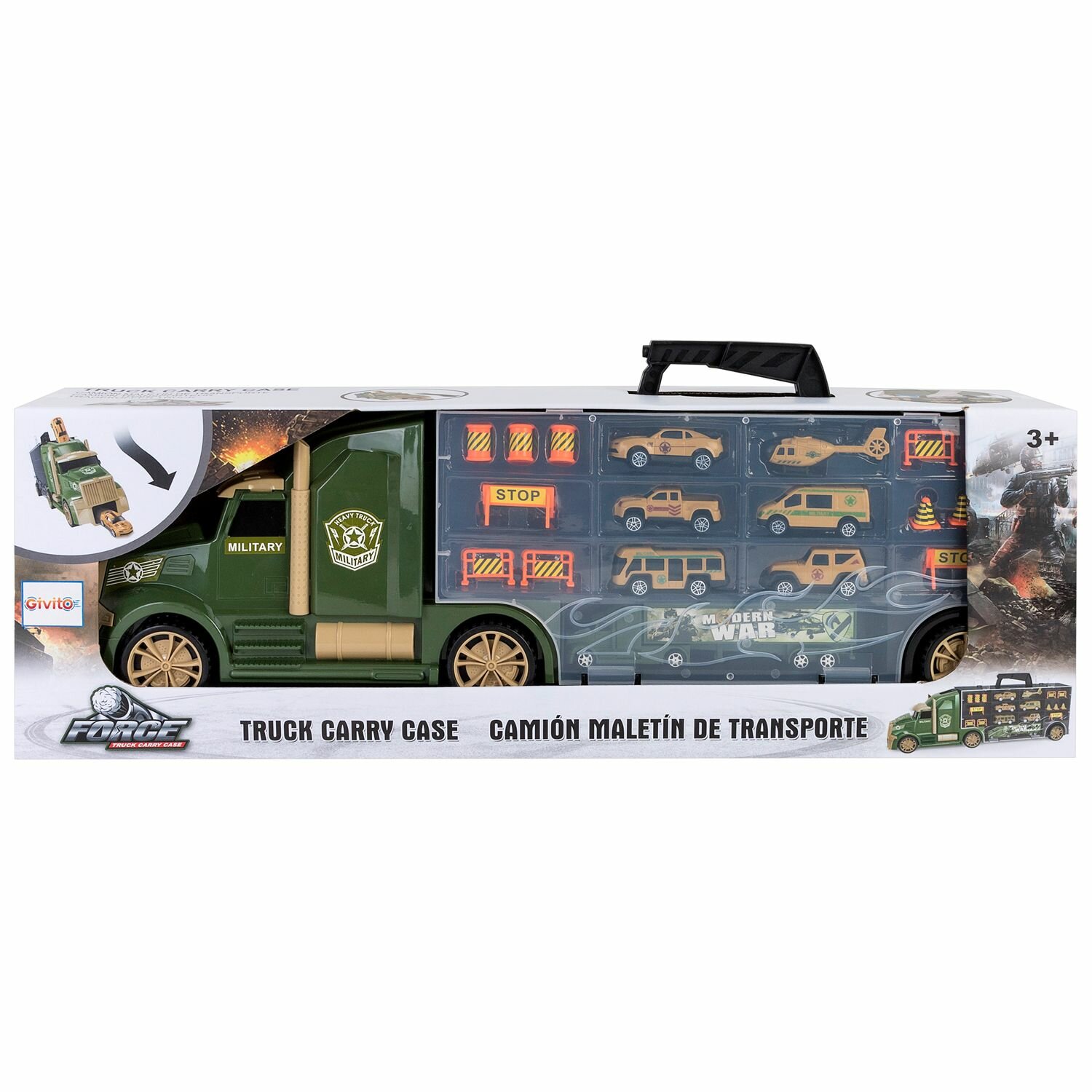 Givito "Милитари" (Автовоз - кейс 64 см, зеленый, с тоннелем. Набор из 4 машинок, 1 автобуса, 1 вертолета, 1 фуры и 12 дорожных знаков) - фото №10