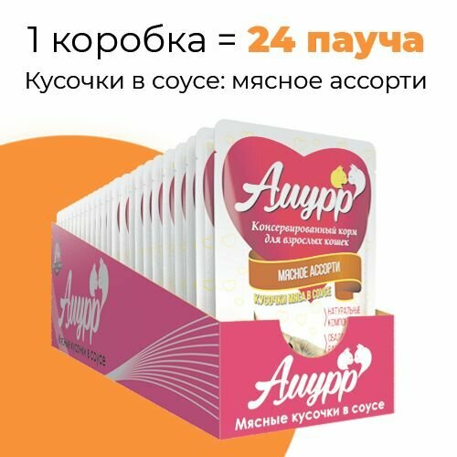 Упаковка 24 пауча для кошек амурр Мясное ассорти в соусе