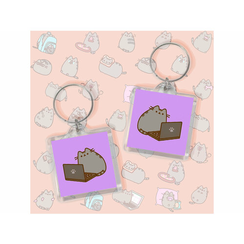 Брелок Сурож кот Пушин с ноутбуком, гладкая фактура, фиолетовый, серый