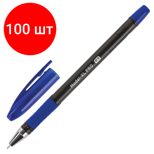 Комплект 100 шт, Ручка шариковая масляная с грипом BRAUBERG Model-XL PRO, синяя, узел 0.5 мм, линия письма 0.25 мм, 143249
