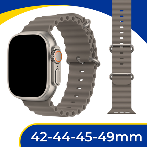 Силиконовый ремешок Ocean Band на смарт часы Apple Watch 1-9, SE, Ultra 42-44-45-49 мм / Сменный браслет для Эпл Вотч 1-9, СЕ, Ультра / Серый силиконовый ремешок с магнитной застежкой для умных часов apple watch 42 42 45 49 mm сменный браслет на смарт часы эпл вотч 1 9 se ultra серии темно синий