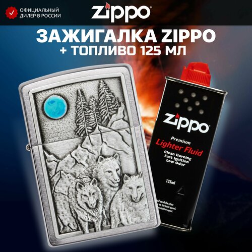 Зажигалка бензиновая ZIPPO 49295 Wolf Pack and Moon Emblem + Бензин для зажигалки топливо 125 мл зажигалка zippo 200 wolf zippo арт 200 wolf