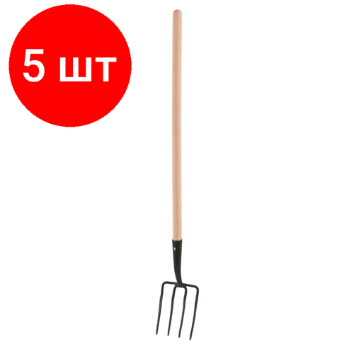 Комплект 5 штук, Вилы 4-х рогие огородные 175х220х1320мм кованые деревянный черенок