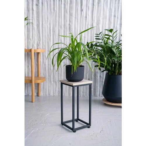 Подставка для цветов напольная металлическая лофт 40см черная, светлое дерево