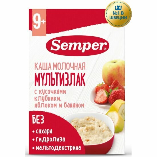 Каша молочная Semper (Семпер) мультизлак с кусочками клубники яблоком и бананом с 9 мес 180 г