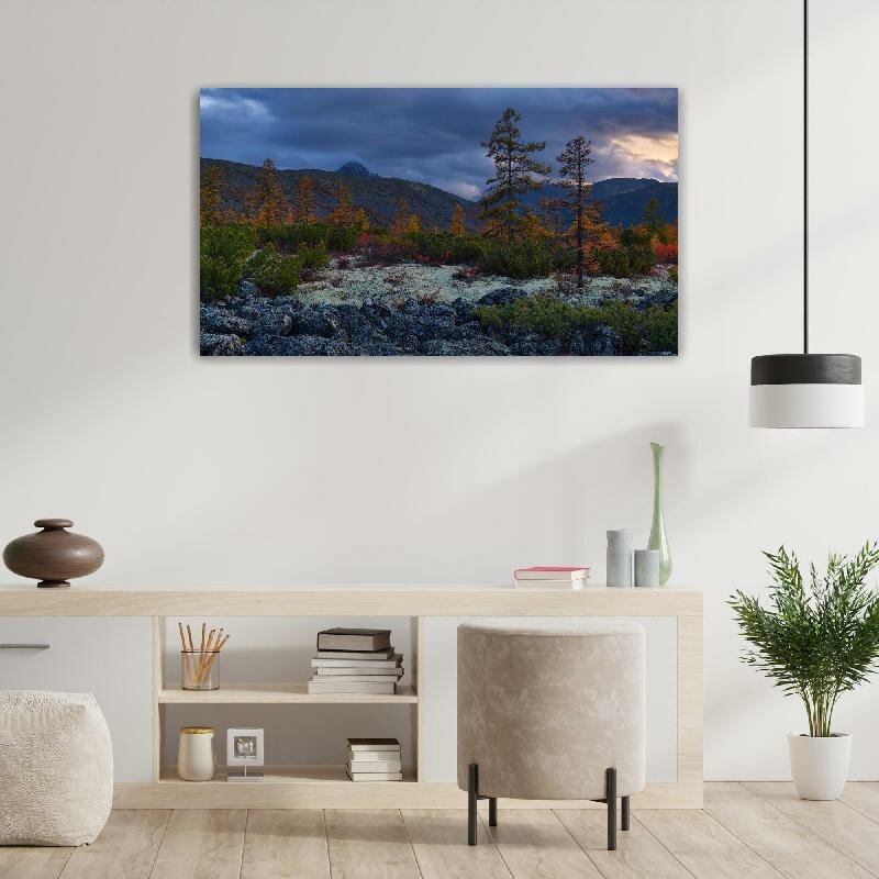 Картина на холсте 60x110 LinxOne "Деревья мхи горы камни тучи" интерьерная для дома / на стену / на кухню / с подрамником