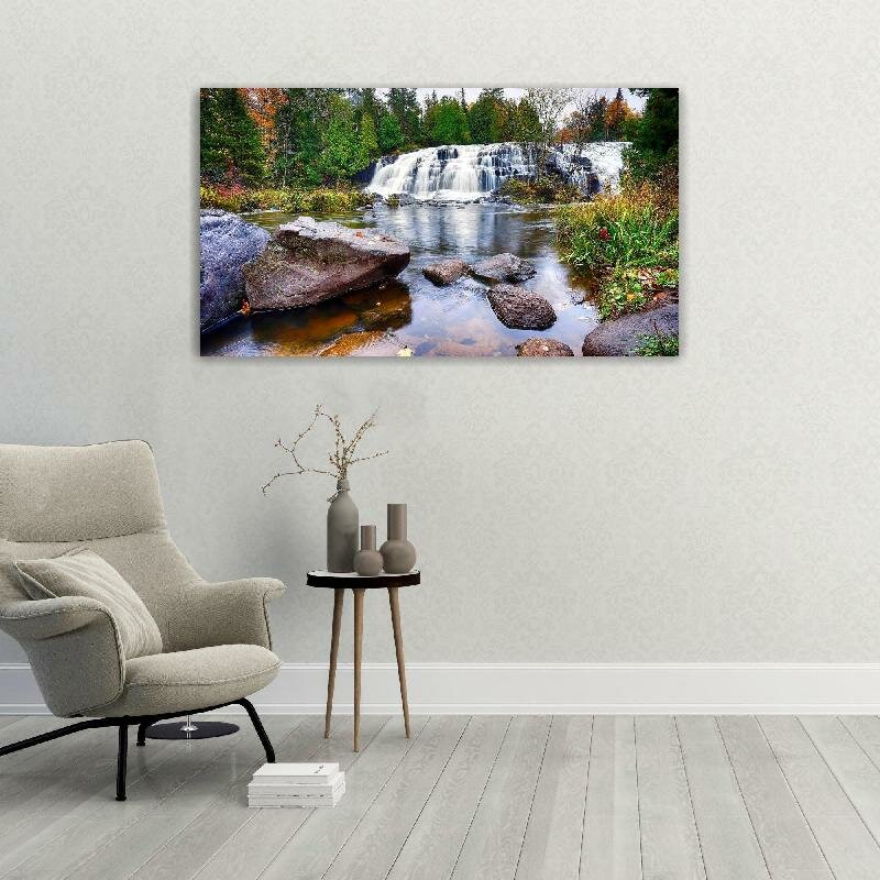 Картина на холсте 60x110 LinxOne "Река камни деревья водопад" интерьерная для дома / на стену / на кухню / с подрамником