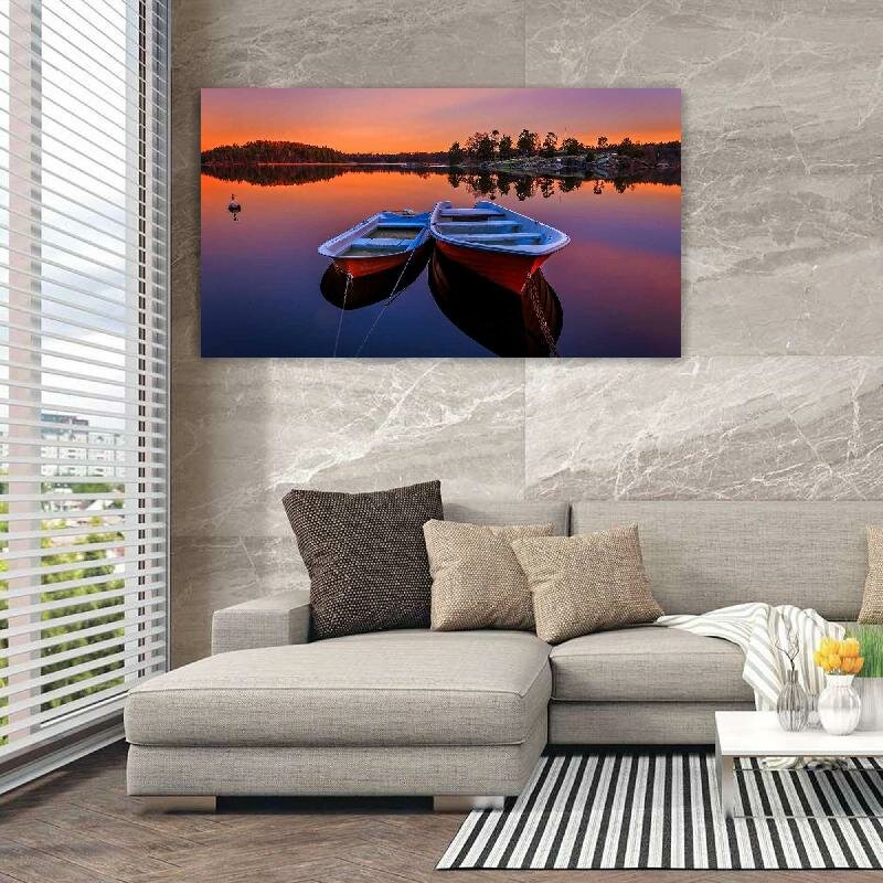 Картина на холсте 60x110 LinxOne "Закат лес вечер лодки река" интерьерная для дома / на стену / на кухню / с подрамником