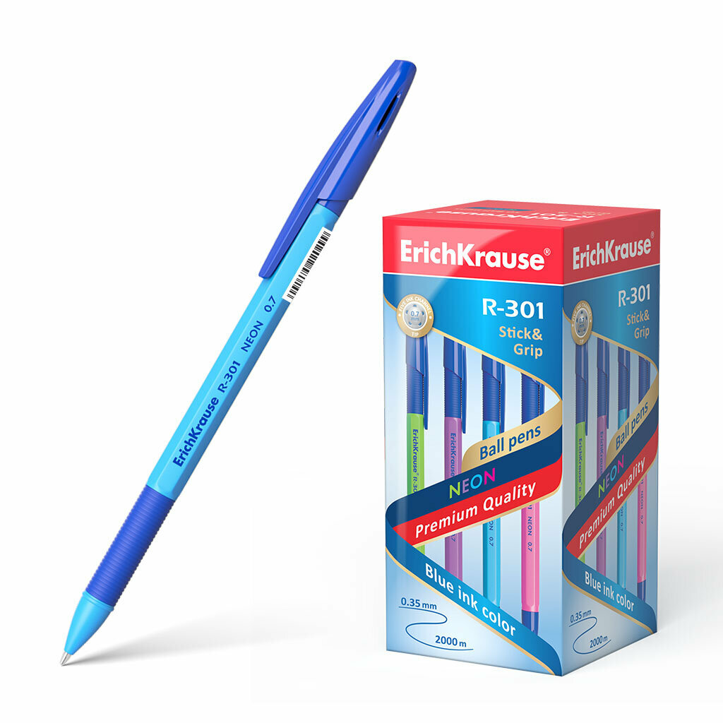 Ручка шариковая ErichКrause R-301 Neon Stick&Grip 0.7, синяя, 1 шт.