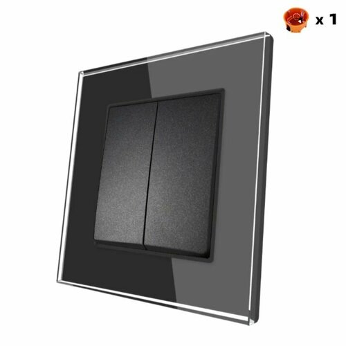 Выключатель двухклавишный, рамка из закаленного стекла, чёрный