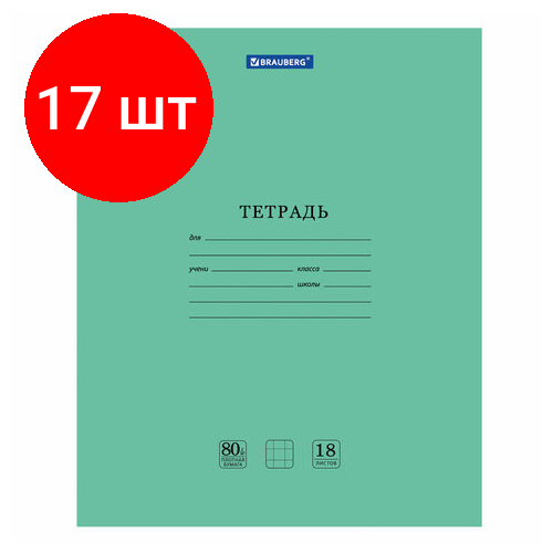 Комплект 17 шт, Тетрадь BRAUBERG EXTRA 18 л, клетка, плотная бумага 80 г/м2, обложка картон, 105708 тетрадь brauberg extra 18 л линия плотная бумага 80 г м2 обложка картон 105709